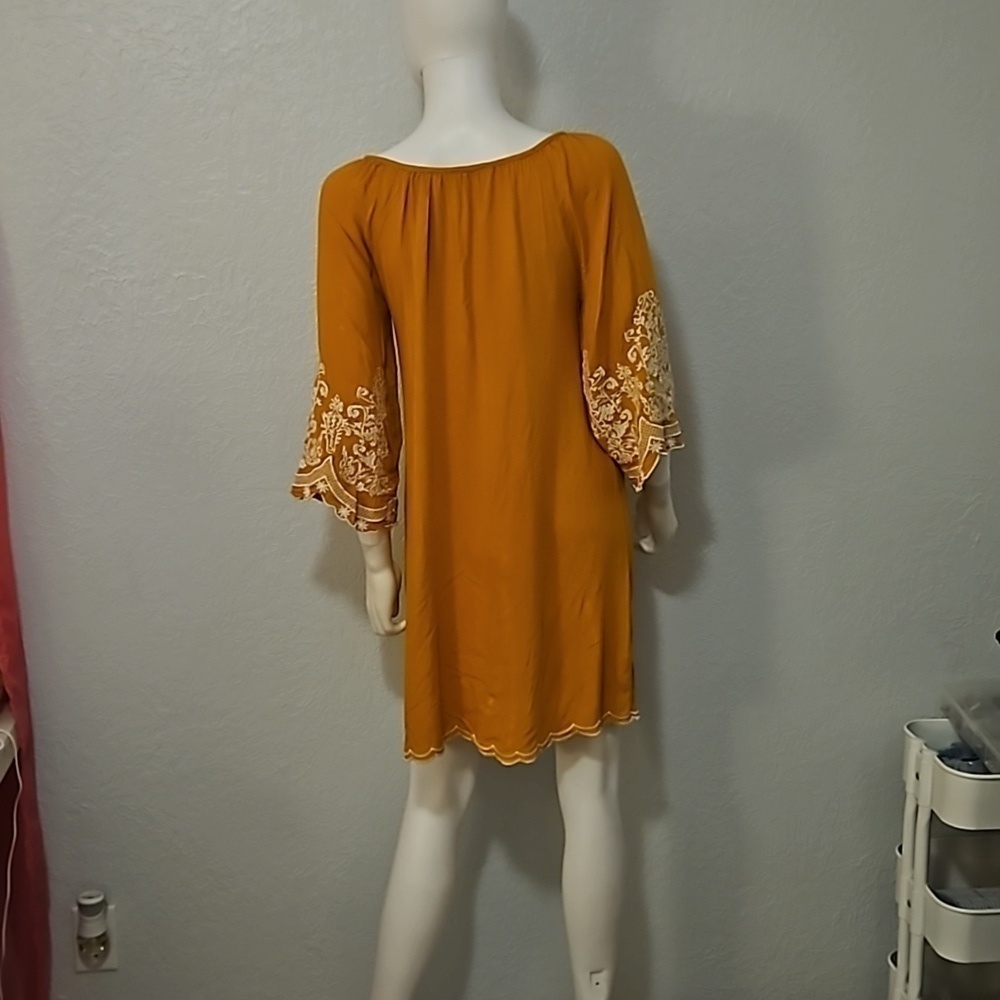 CHIC CONNECTION Mustard Yellow Floral Embroidered Boho Peasant Mini Dress - Picture 7 of 10